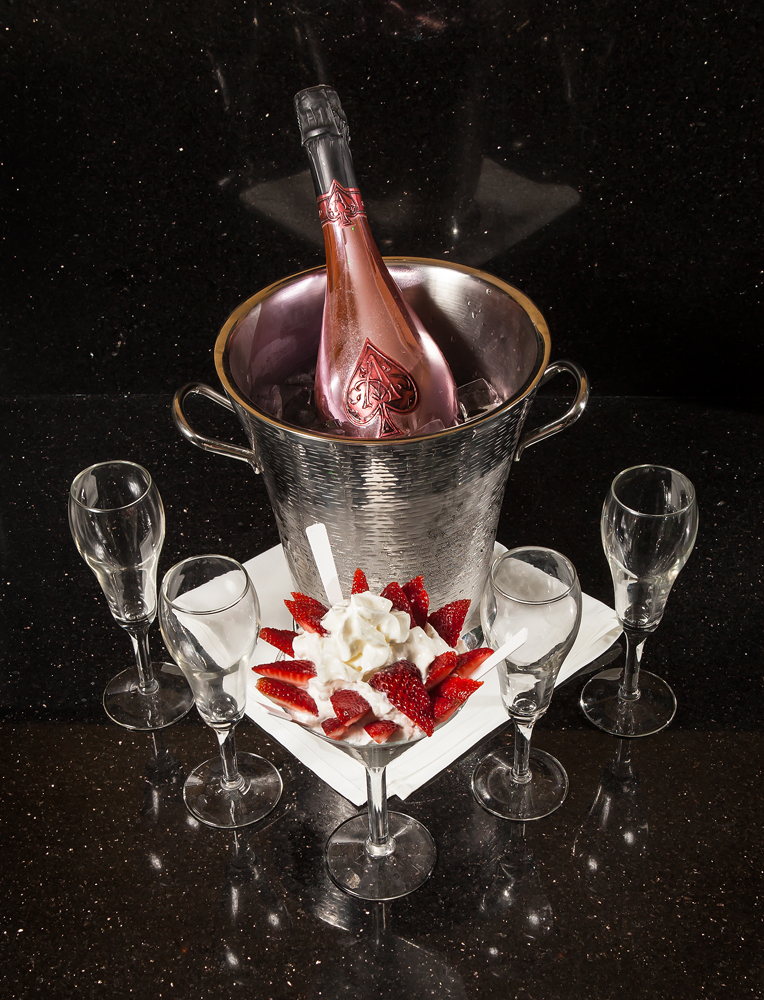 Bottle of Moët Champagne on ice with champagne glasses at Penthouse Club in New Orleans, LA